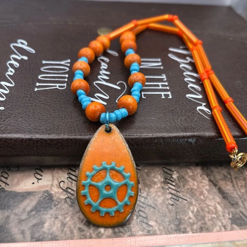 Vintage Beaded Anchor Wheel Necklace – Orange & Turquoise Boho Coastal Jewelry Blue - Image 3