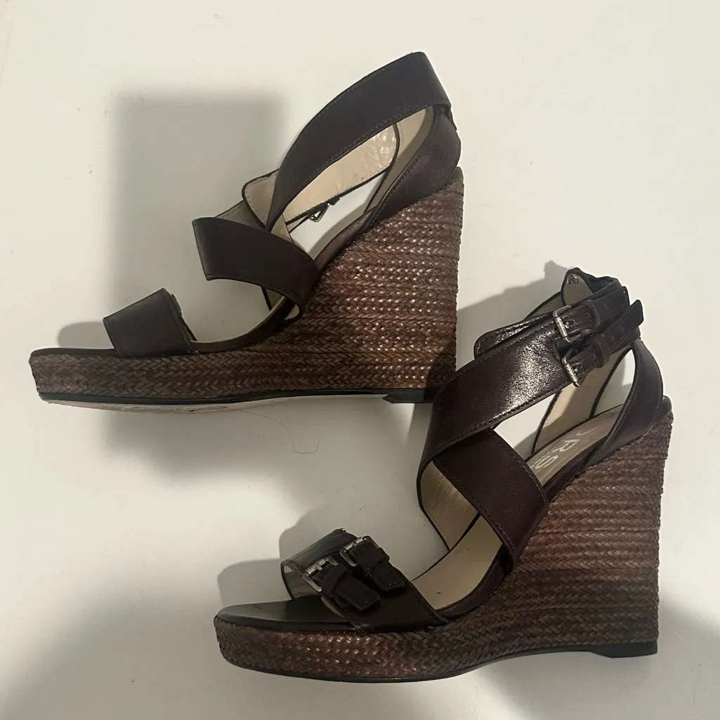 KORS Michael Kors Brown Leather Jute Wedge Sandals Size 8 - Image 9