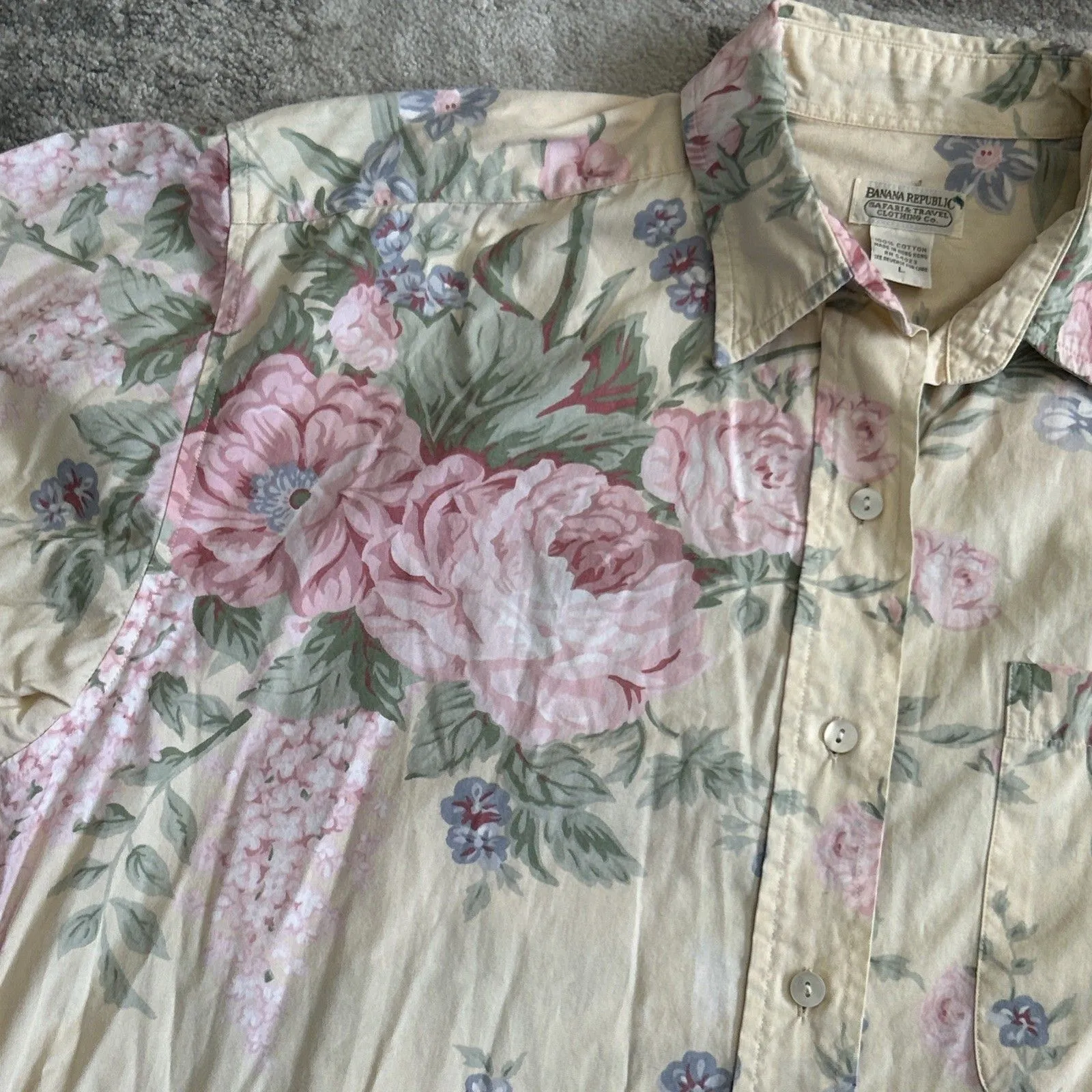 Banana Republic Safari Travel Shirt Womens Large Yellow Floral Cotton Vintage 80 - Image 3