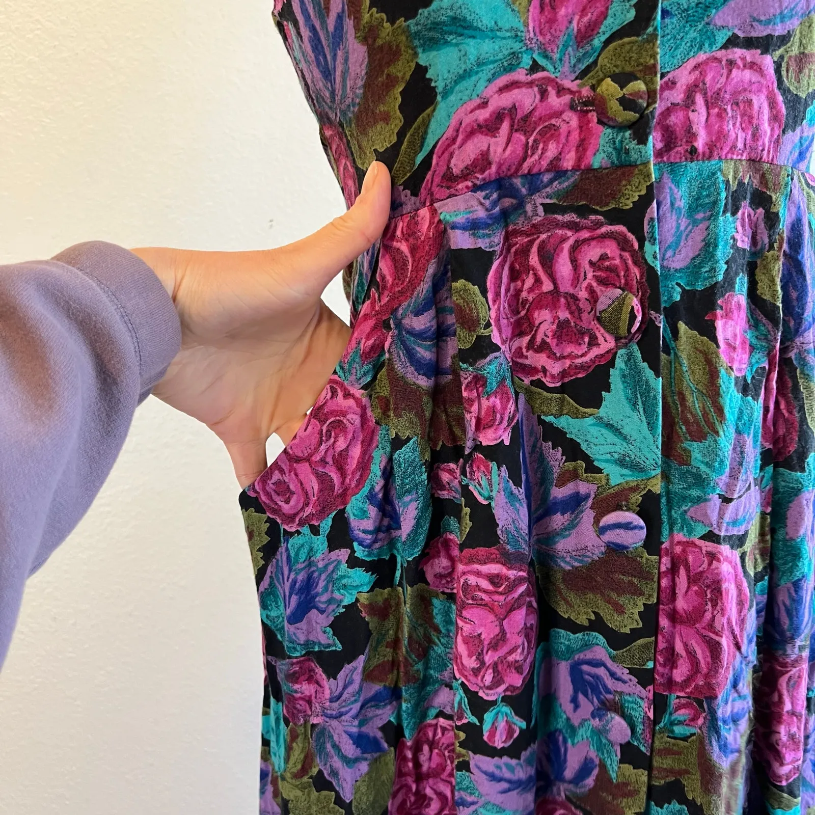 Vintage Handmade Bright Floral Print Sleeveless Button Front Midi Dress XS/Small - Image 5