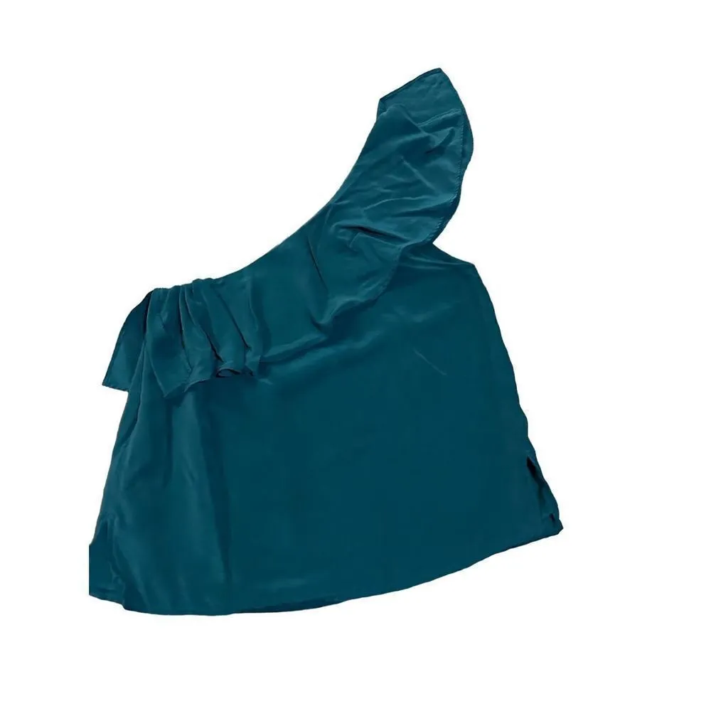 Maeve Anthropologie Holly Silk Chiffon Ruffle One Shoulder Green Blouse sz 4 - Image 6