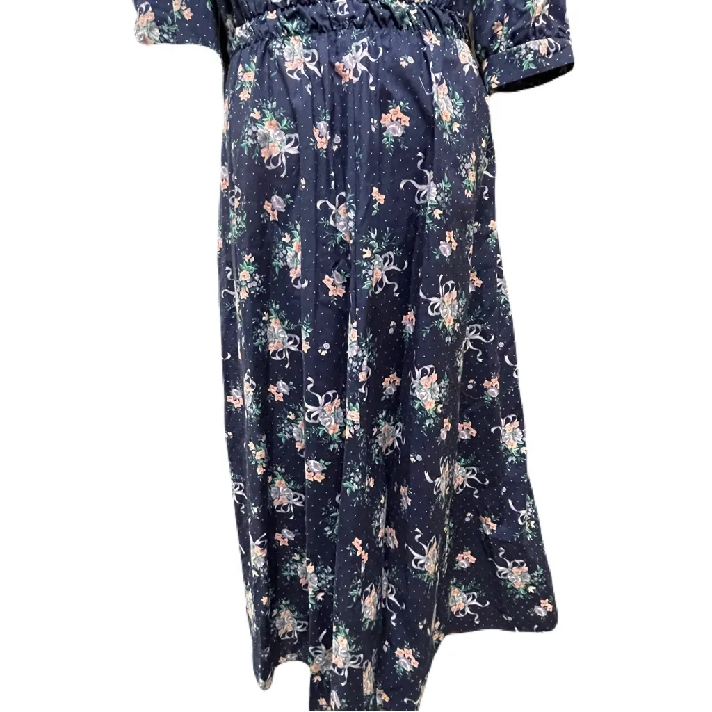 Vintage Eber Navy Midi Floral Dress Lace Collar Women sz 13 80s/90s Cottagecore Blue - Image 5