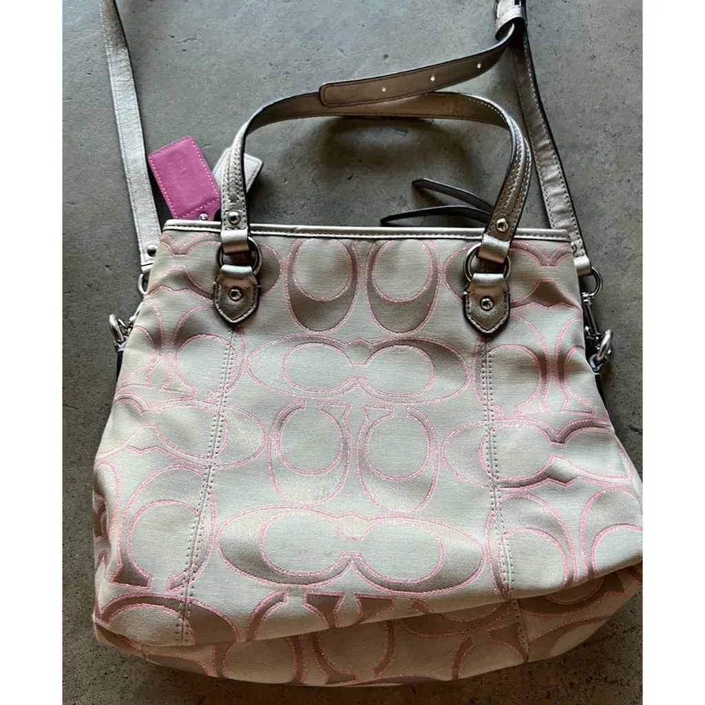 Coach Daisy Signature Metallic Outline Tote Shoulder Bag Hobo Purse Sateen PINK - Image 15