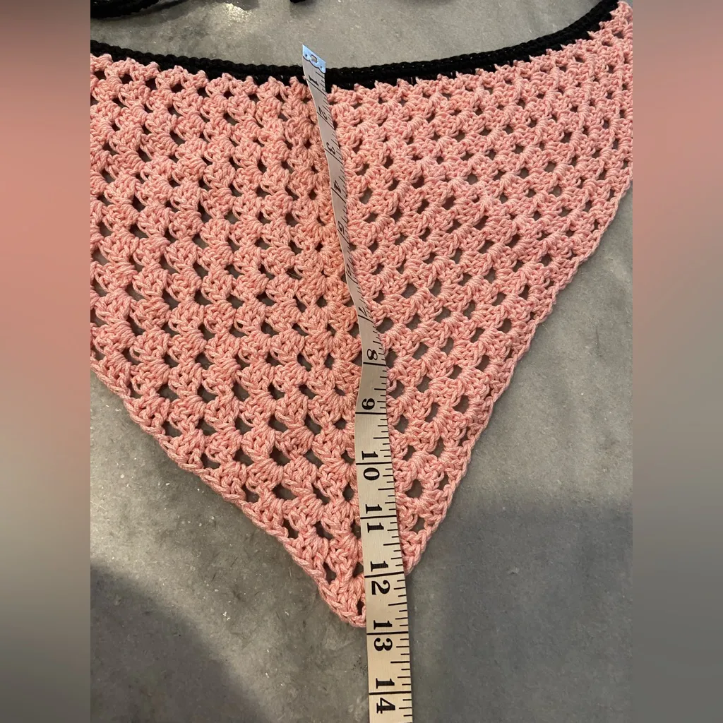 Handmade Pink Black Soft Cotton Crochet Triangle Kerchief Headscarf Mesh Boho - Image 2