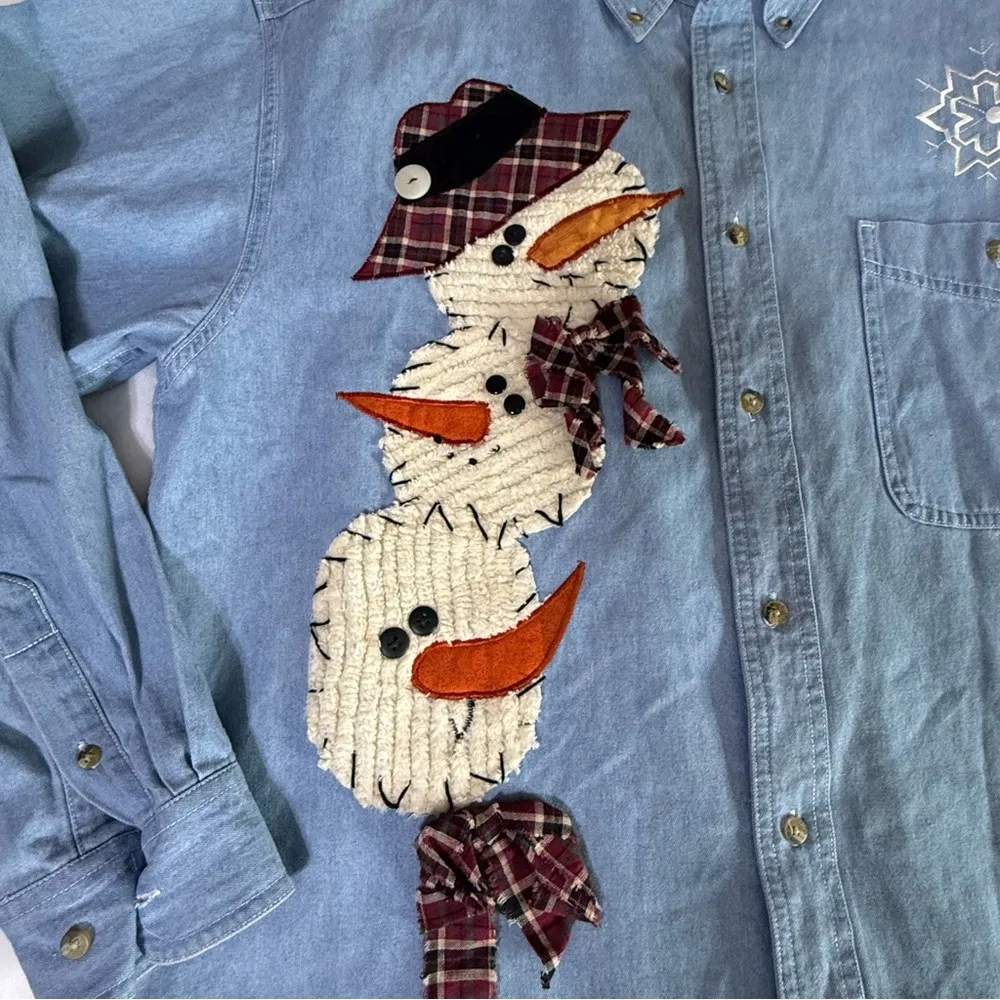 Allsport Denim Jean Shirt Size Large Longsleeve Women Snowman Applique Teacher Blue - Image 3