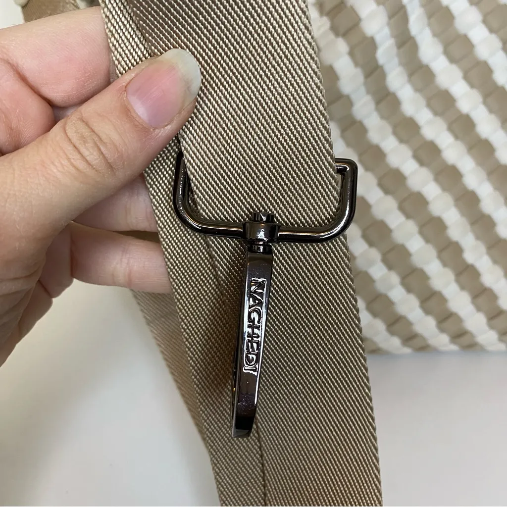 NAGHEDI Havana Small Woven Neoprene Tote Fringe Crossbody Striped Almaza Tan - Image 15