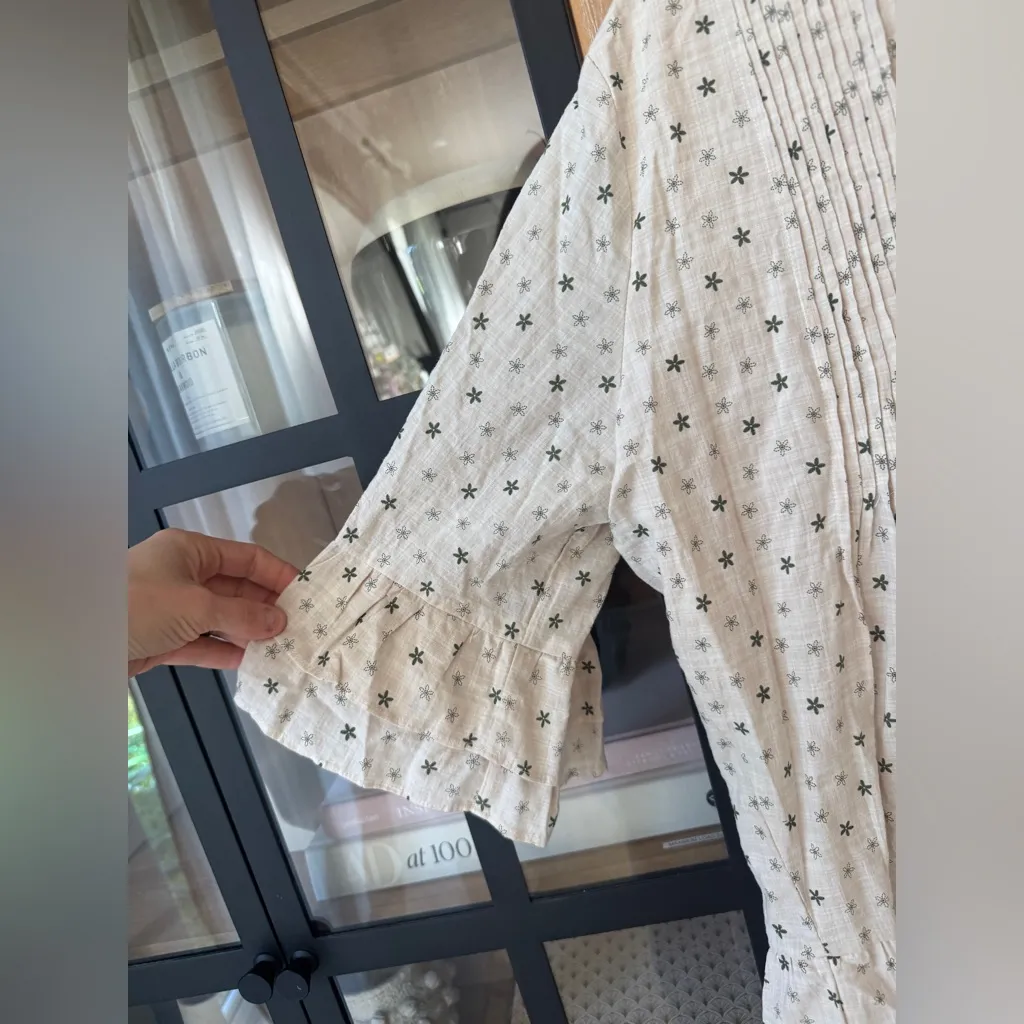 Storia mini dress tie front bows beige airy flax ditsy floral block print tiered - Image 8