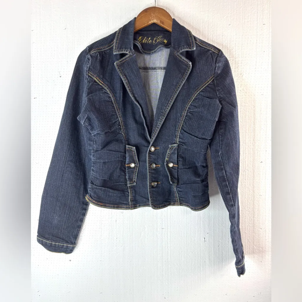 Elite Jeans L Dark Blue Ruched Crop Jean Jacket - Image 10