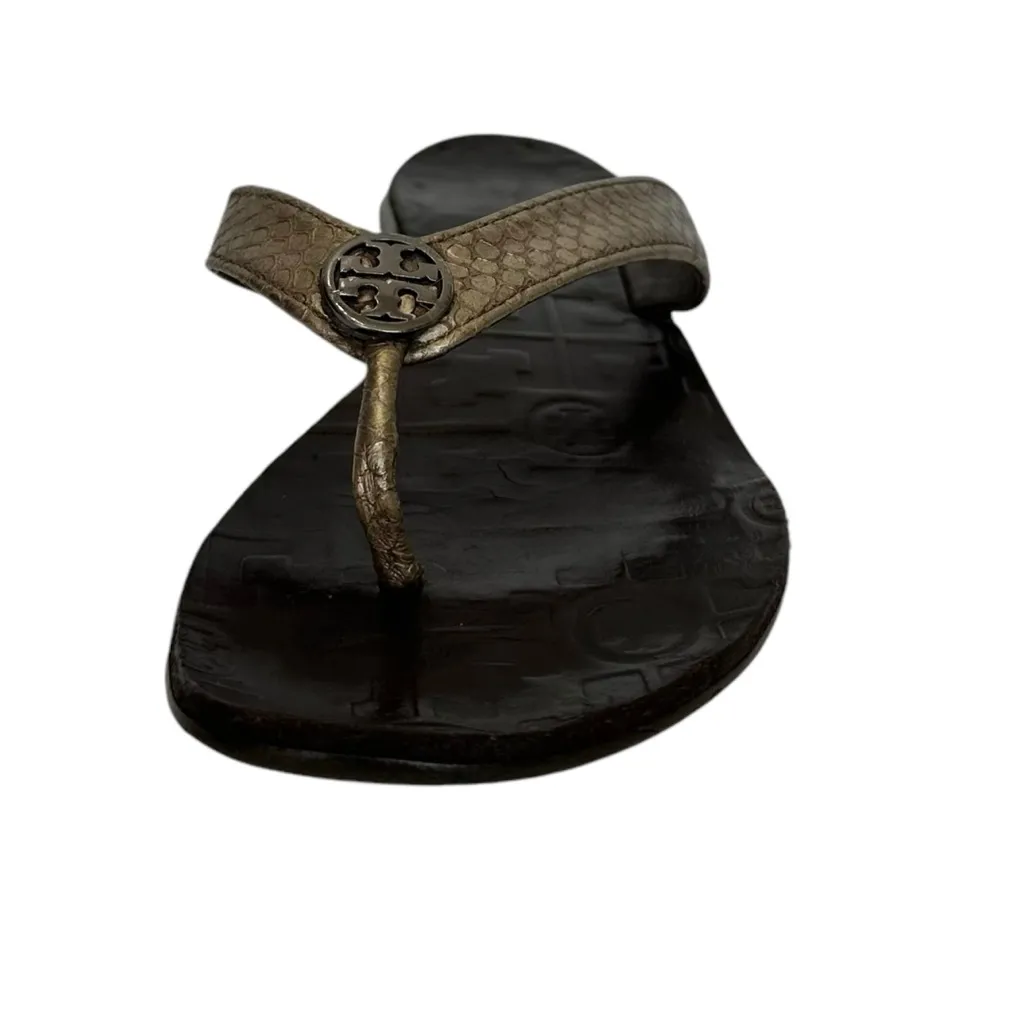 Tory Burch Thora 2 Leather Thong Sandals Pewter Metallic Tumbled Snake Print 7 M - Image 10