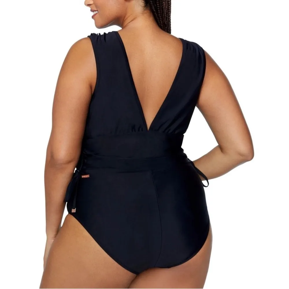 Raisins Black One Piece Swimsuit Plus Size 22W Ruched V-Neck Glattering Tie - Image 2