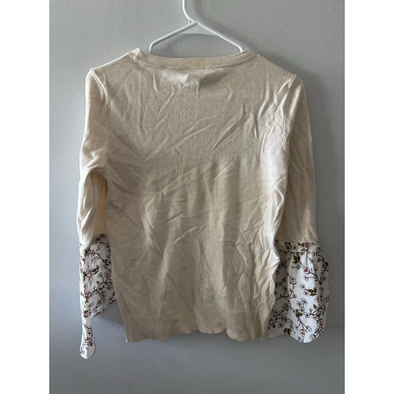 LOFT Womens Crewneck Pullover Sweater Size XS Cream Floral Sleeve Office Neutral - Image 2