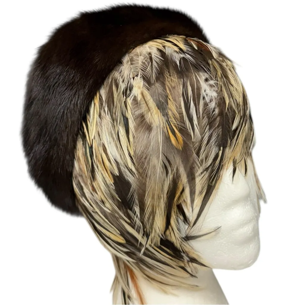Vintage Mink Fur Pillbox Hat Brown With Hair Comb Clips Winter Mod Vintage Hat - Image 2