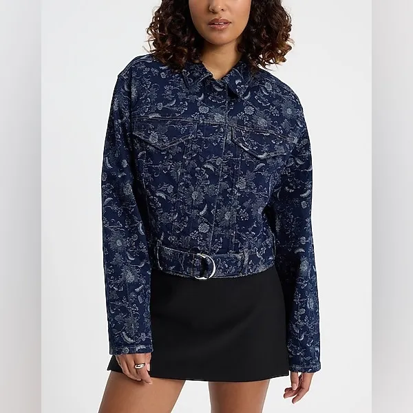 Express Floral Denim Cropped Moto Jacket Sunflower size Large - Image 3