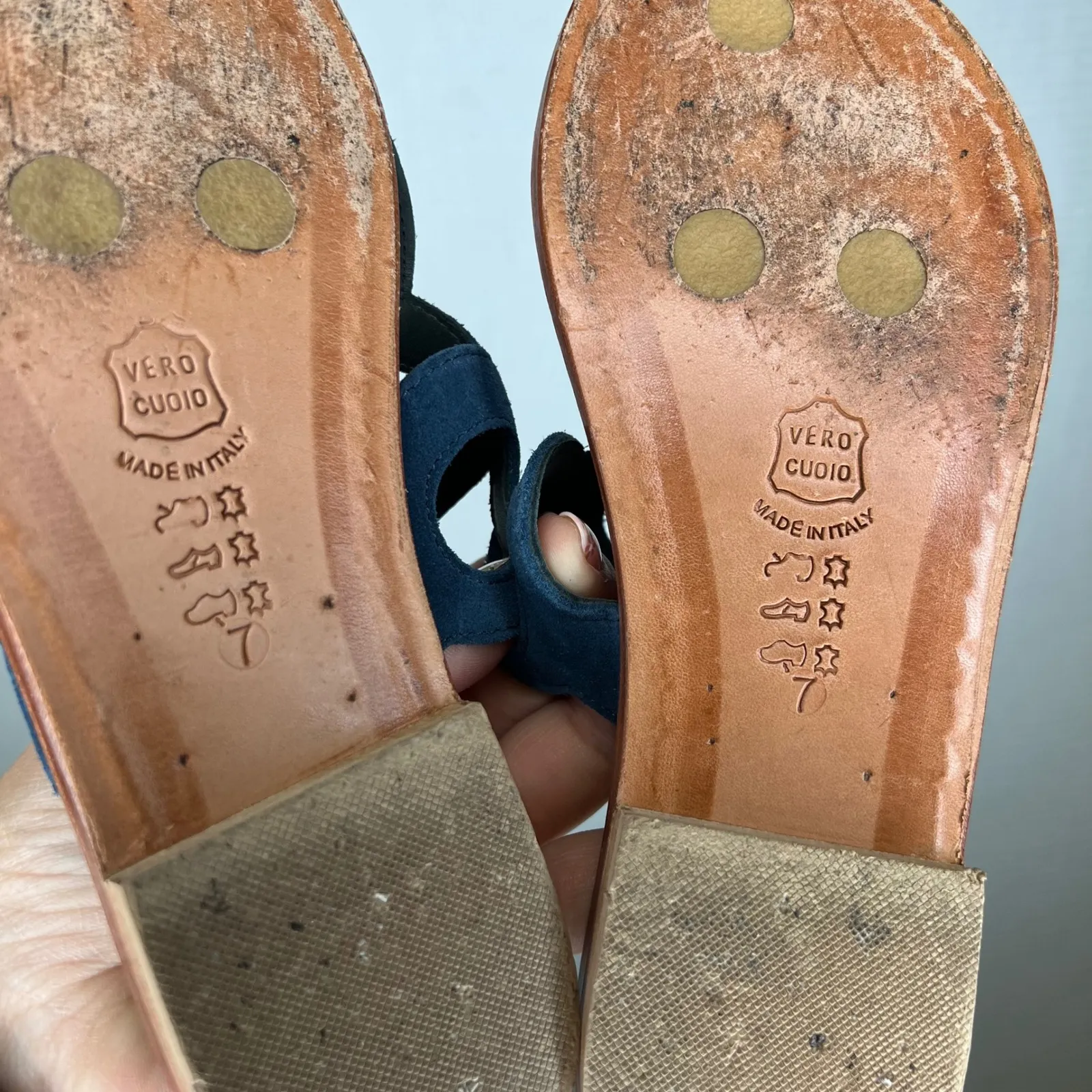 La Botteguccia Positano Italy Leather Blue‎ Suede Thong Sandals Size 7 Blue - Image 5