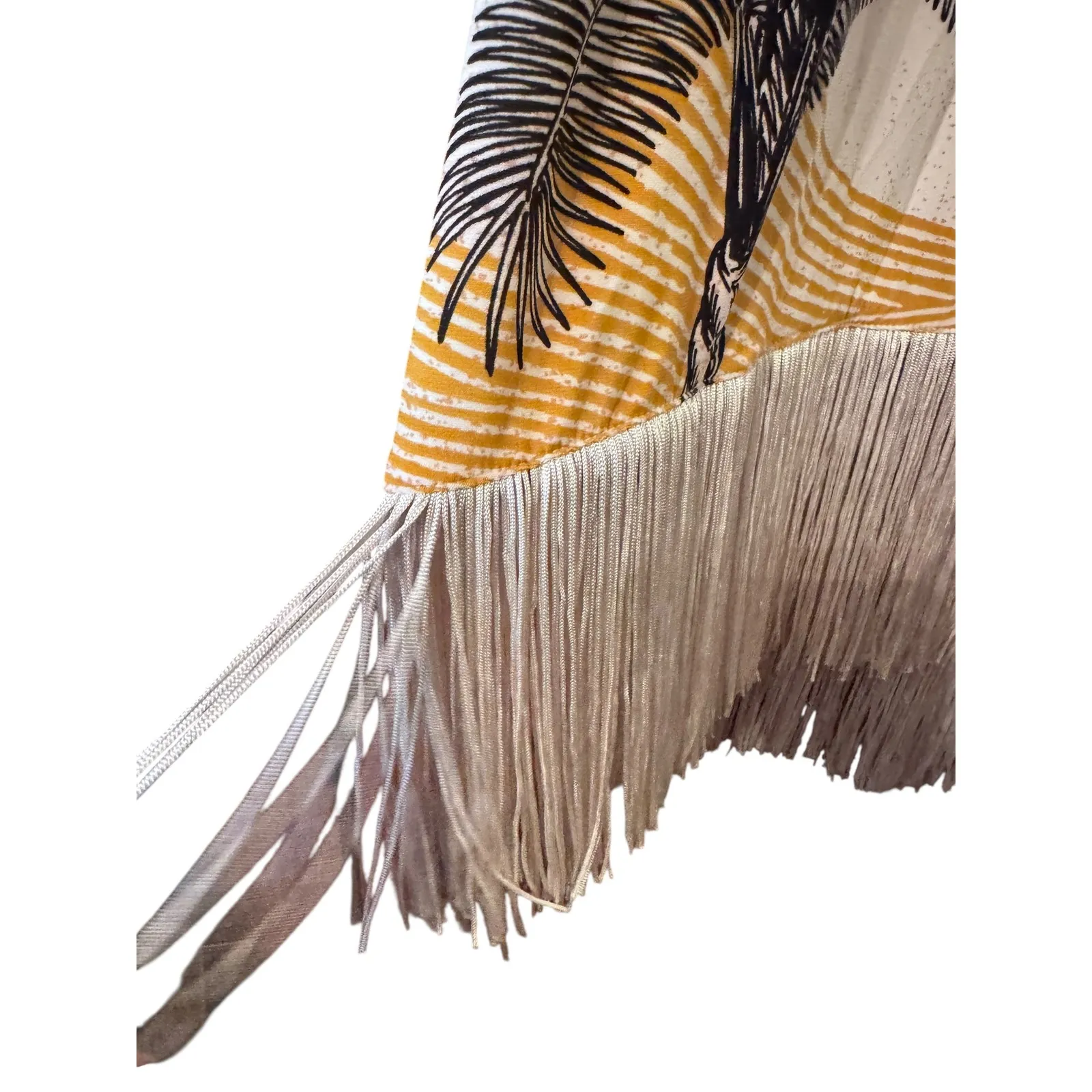 Attitudes by Renee Maxi Skirt XL Tropical Palm Print Beige Fringe Trim Boho Tan - Image 3