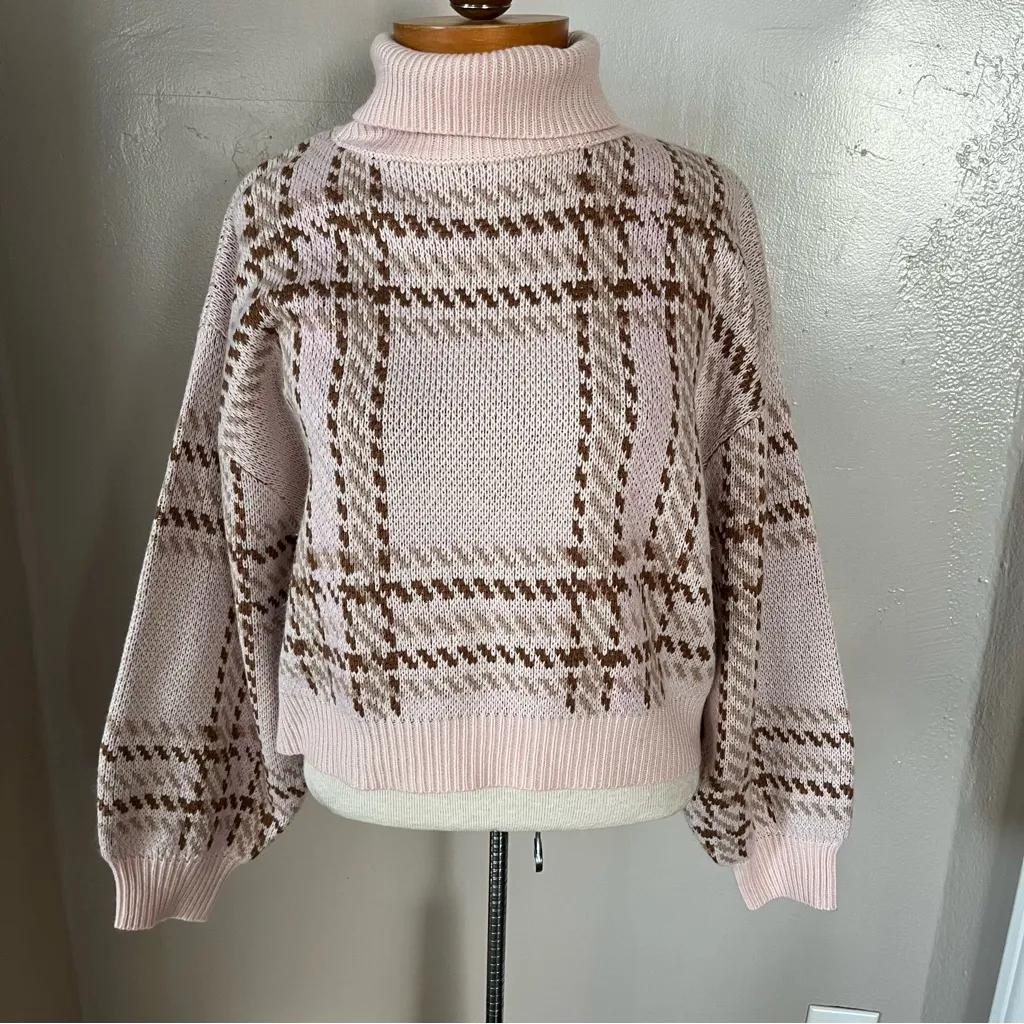 Pink Lily Nothing On You Pink & Brown Plaid Turtleneck Sweater Women’s Small - Image 2