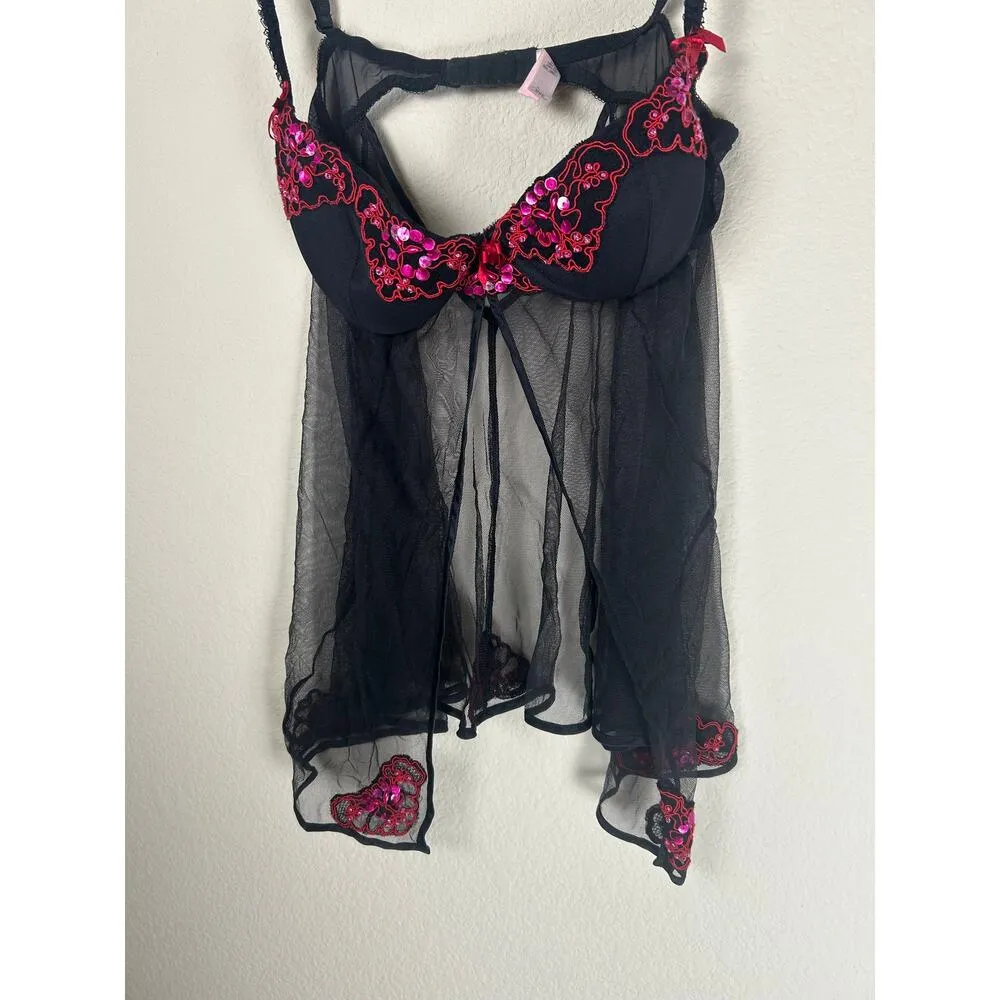 Y2K Victoria's Secret Lingerie Top Size 36B Sheer Black Pink Sequins Sexy Girly - Image 6