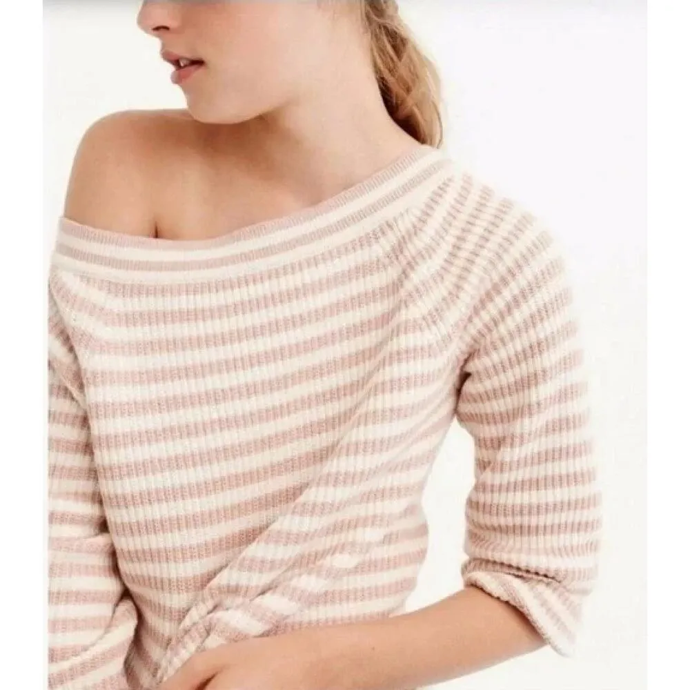 J.Crew Boatneck Relaxed Cotton Sweater Pink White Stripes 3/4 Sleeves, Size XL‎ - Image 2