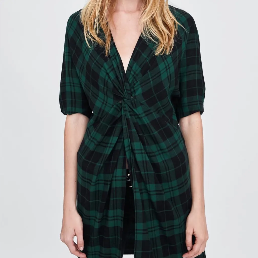 Zara Green Draped plaid top with slit open front Size XS - Image 3