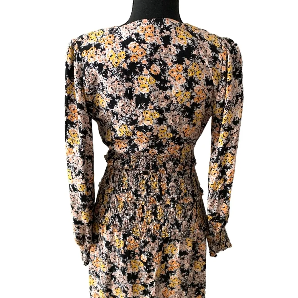 AFRM Nordstrom v neck black yellow orange floral midi hazel smocked dress - Image 5