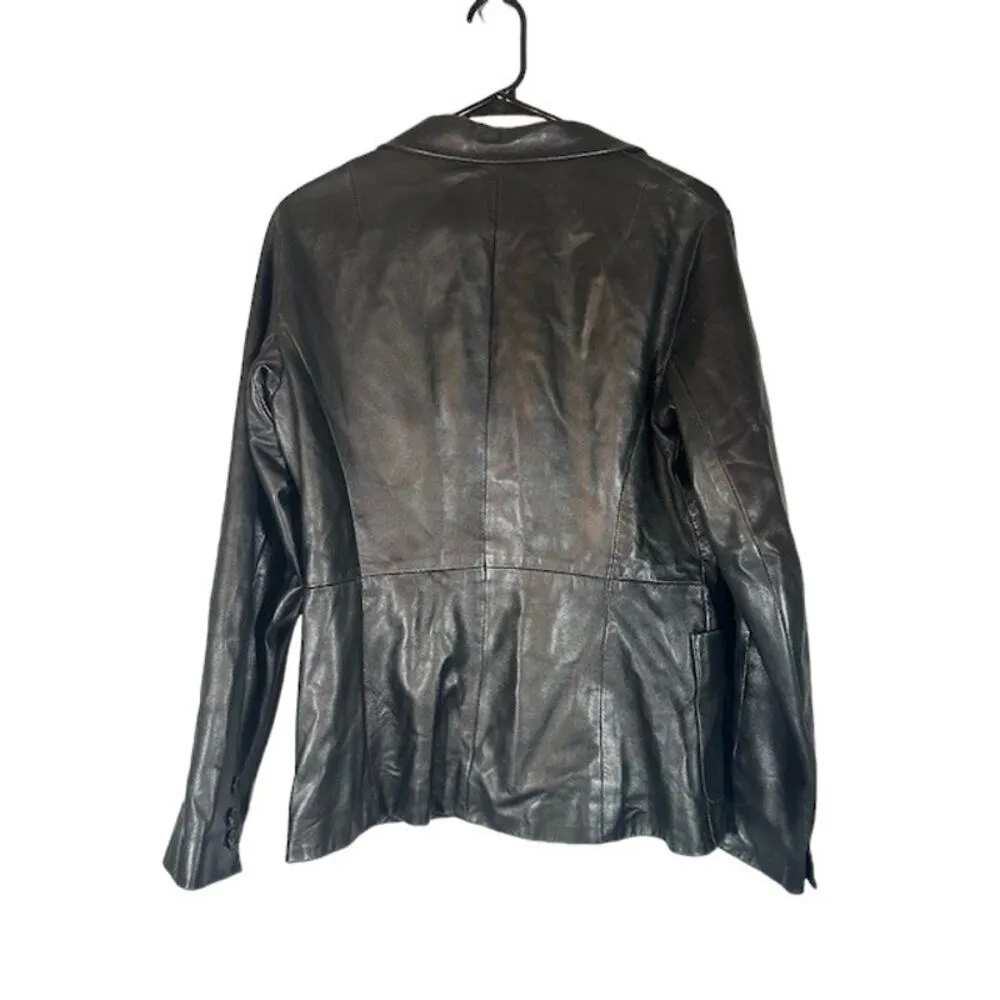 Roots Black Leather Button Front Collared Basic Leather Jacket Women Sz 8 - Image 2