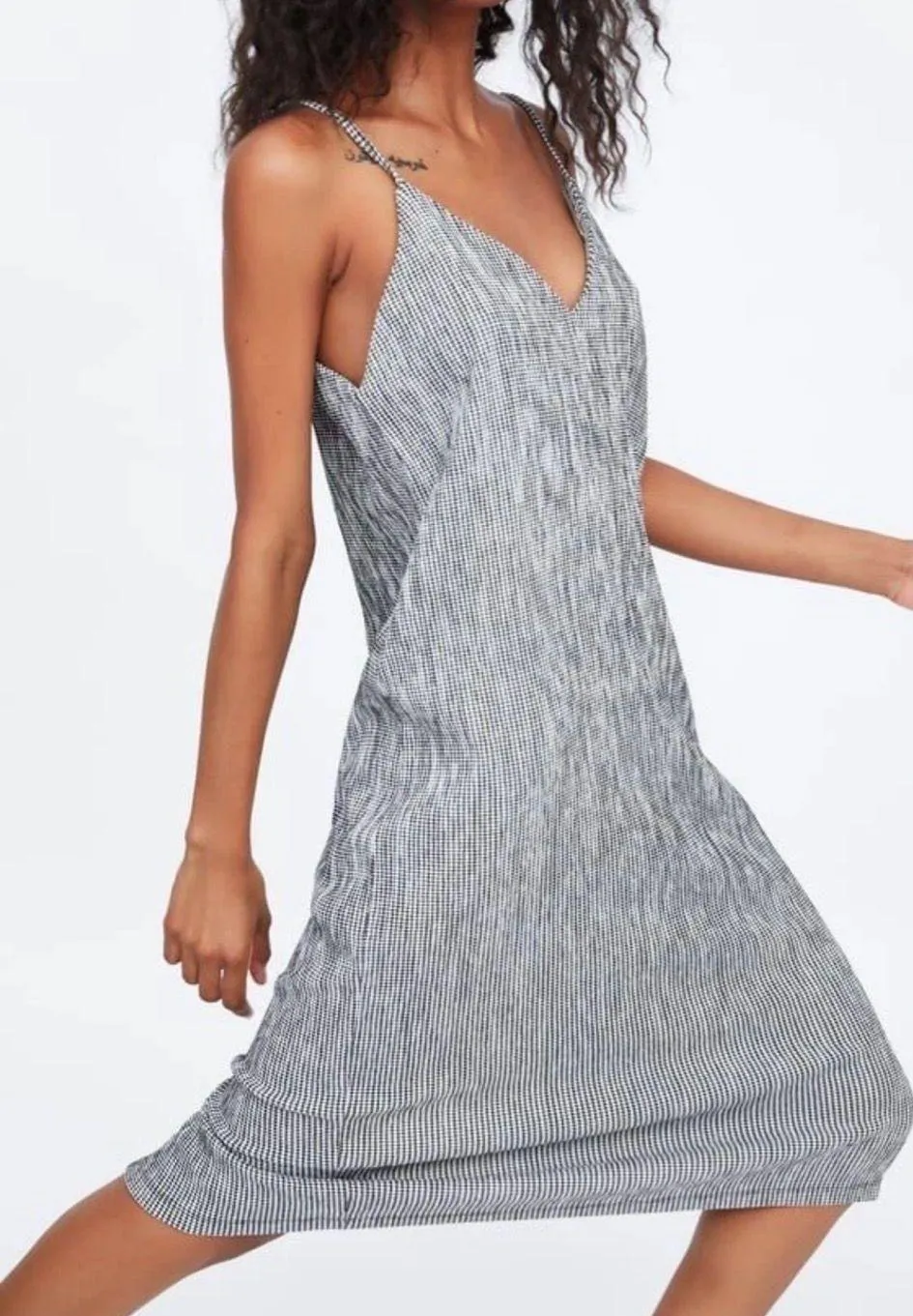 ZARA Grey Checked Midi Textured Strappy V-neck Loose Fit Dress S - Image 3