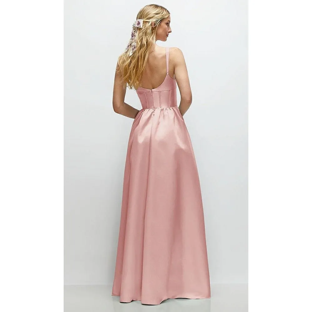 Dessy Collection Scoop Neck Inset Corset Satin Maxi Dress With Pockets In Rose Pink Size 16P - Image 9