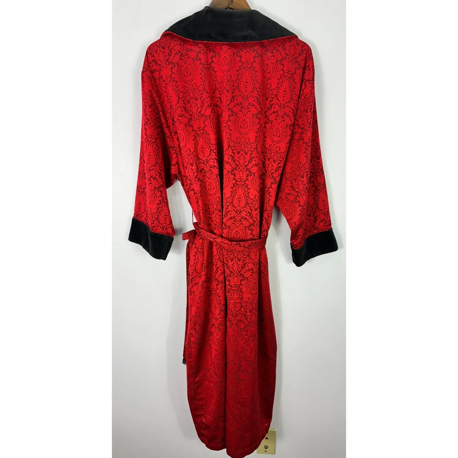 Vintage 90s Victorias Secret Satin Robe Womens Medium Red Smoking Velvet Shawl - Image 5