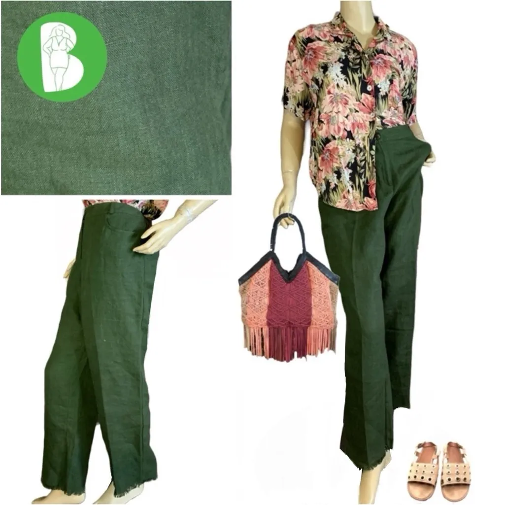 VINTAGE 1990'S HARVE BENARD FOREST GREEN LINEN FRINGE HEM TROUSERS (14) - Image 2