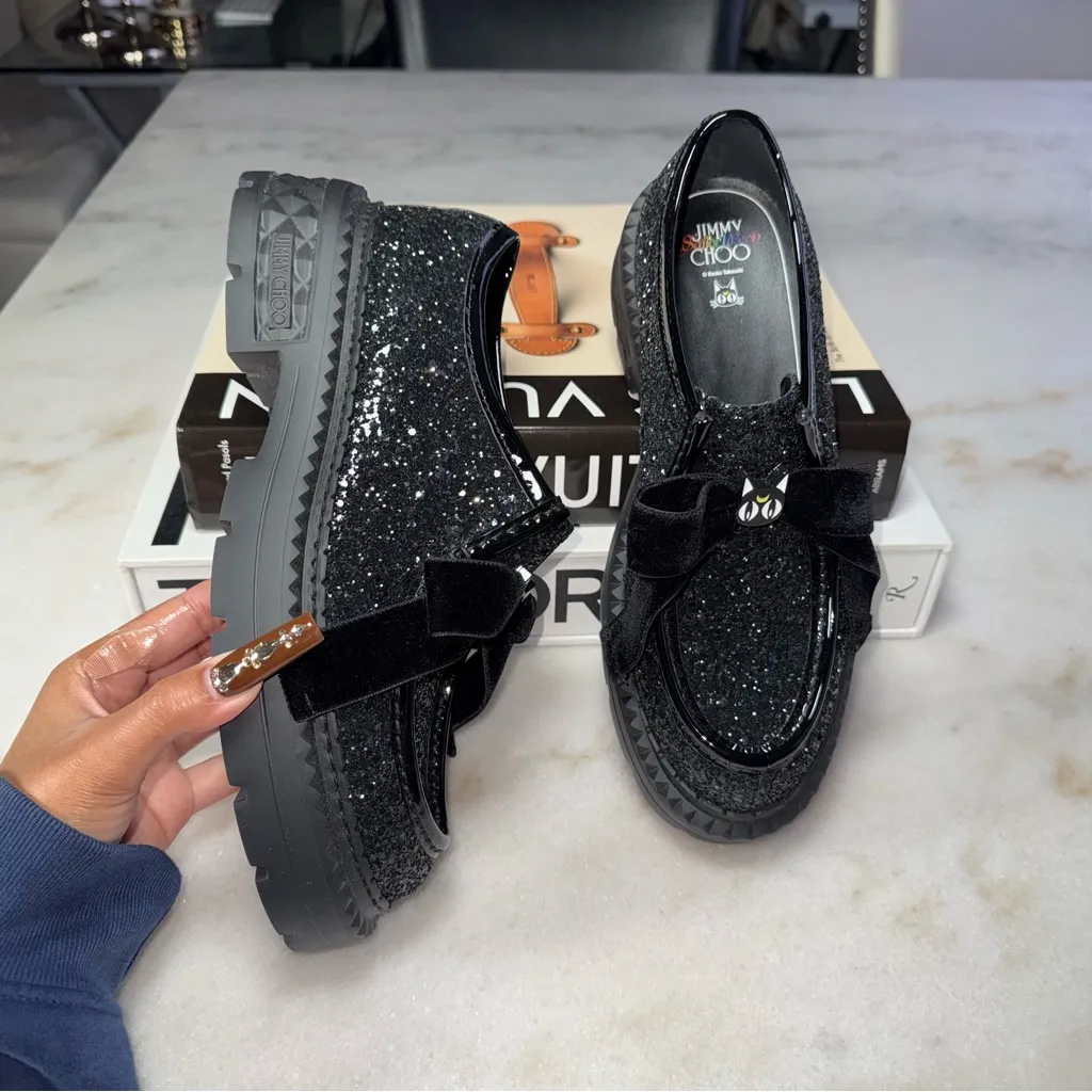 Jimmy Choo x Sailormoon Luna Marlow Glitter Moccasin Loafer Velvet Bow Cat Charm - Image 9