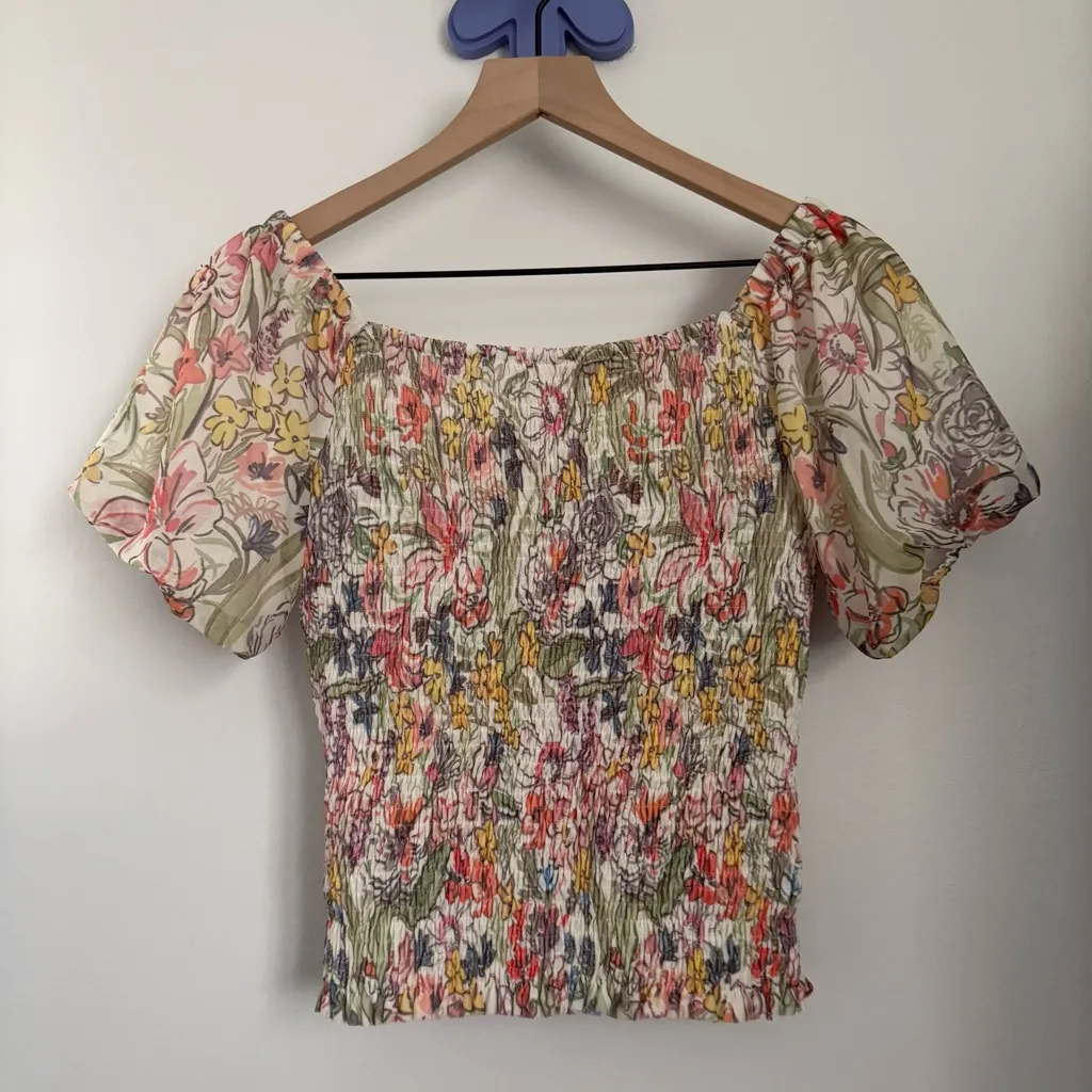 Anthropologie XS Aurelia Smock Top Floral Puff Short Sleeve Open Neck Cottage - Image 5
