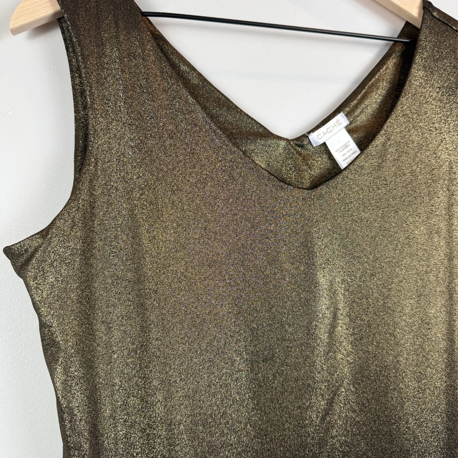 Cache Tank Top Women Large Shimmery Olive Green V-Neck Sleeveless Party NWT - Image 3