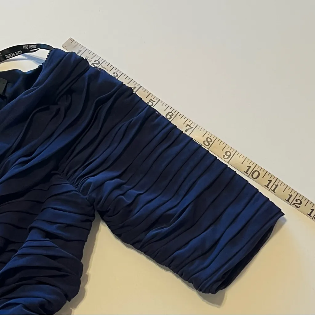 Tadashi Shoji asymmetric draped mesh gown, navy blue, ruched mesh layer, size S - Image 11