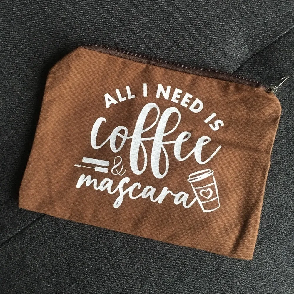 “All I Need is Coffee & Mascara” Makeup Bag, Travel Pouch, Brown, White Brown - Image 6
