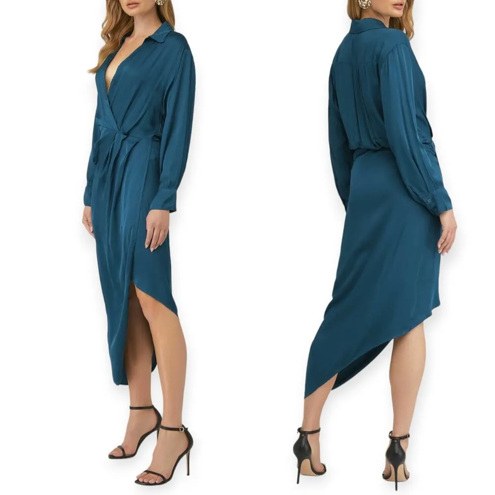 YFB | Medium | Deep Teal Asymmetric Hem Ruched Satin Faux Wrap AIMEE Shirt Dress - Image 2