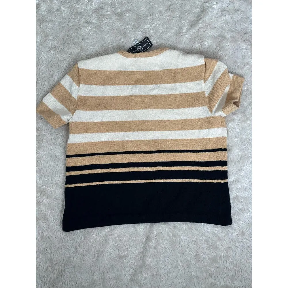Vintage St. John Sport Marie Gray Small Santana Knit Tan White Black Striped Tee - Image 4