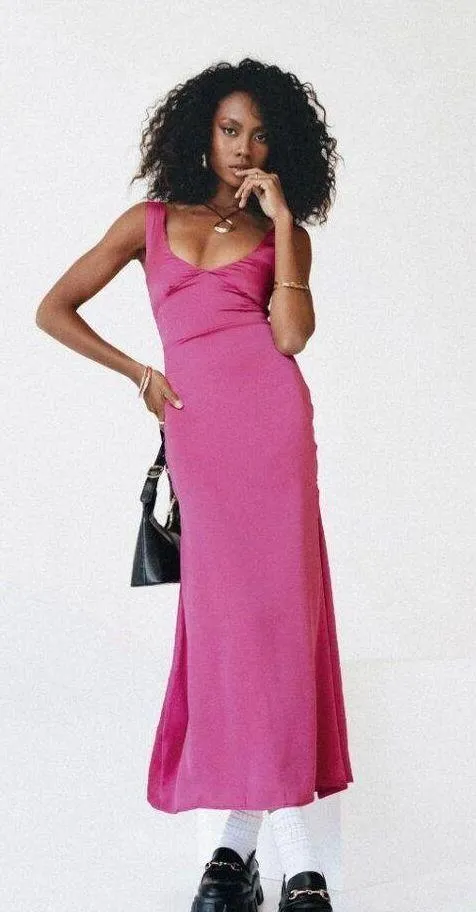 Princess Polly Lynsey Fuchsia Satin Side Slit Midi Dress 6 - Image 9