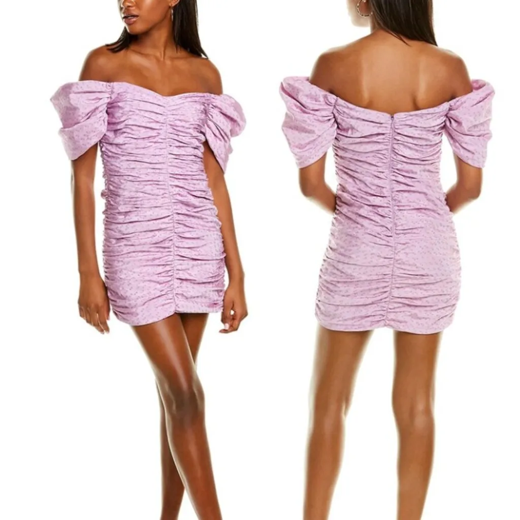HUTCH x Anthropologie Wren Mini Dress Lilac Ruched Off the Shoulder Puff Sleeve - Image 3