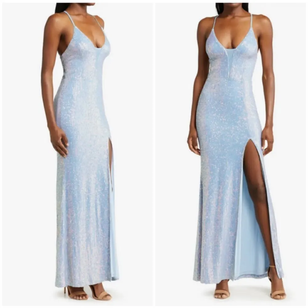 💕LULUS💕 Chic and Glam Light Blue Sequin Lace-Up Mermaid Maxi Dress M NWOT - Image 6