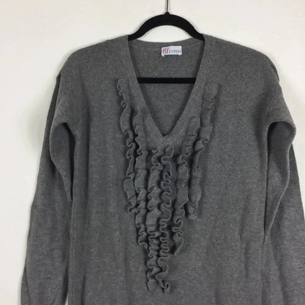 Red Valentino Grey Wool Sweater Small Knit Ruffle Long Sleeve Oversized Tunic - Image 3