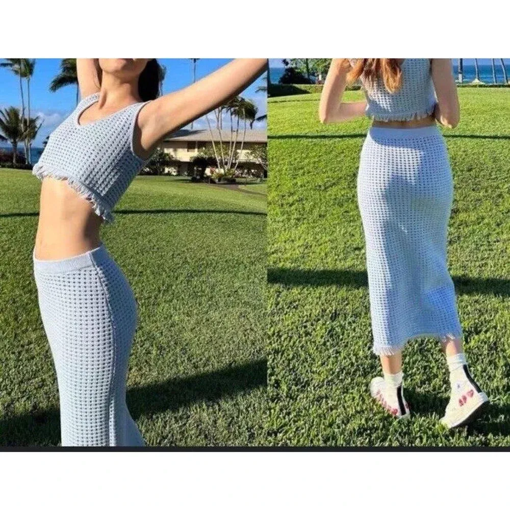 Nwt Reformation Lieta revolve boho Crop Tank XL crochet knit powder blue spring - Image 2