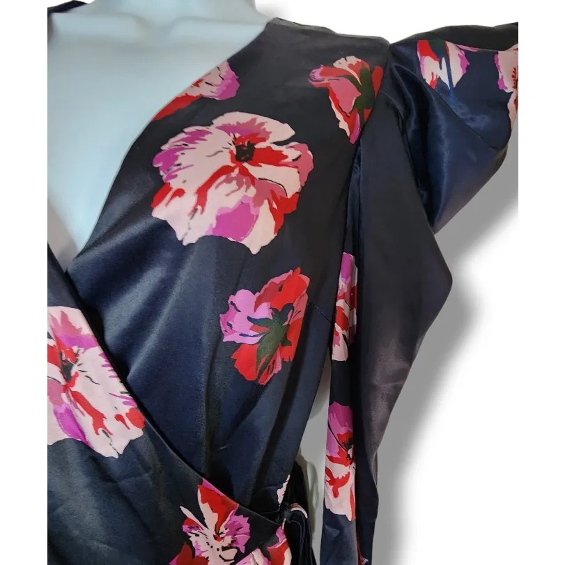 Joie Miltona Navy Floral Satin Wrap Midi Dress Women’s Size Small - Image 6