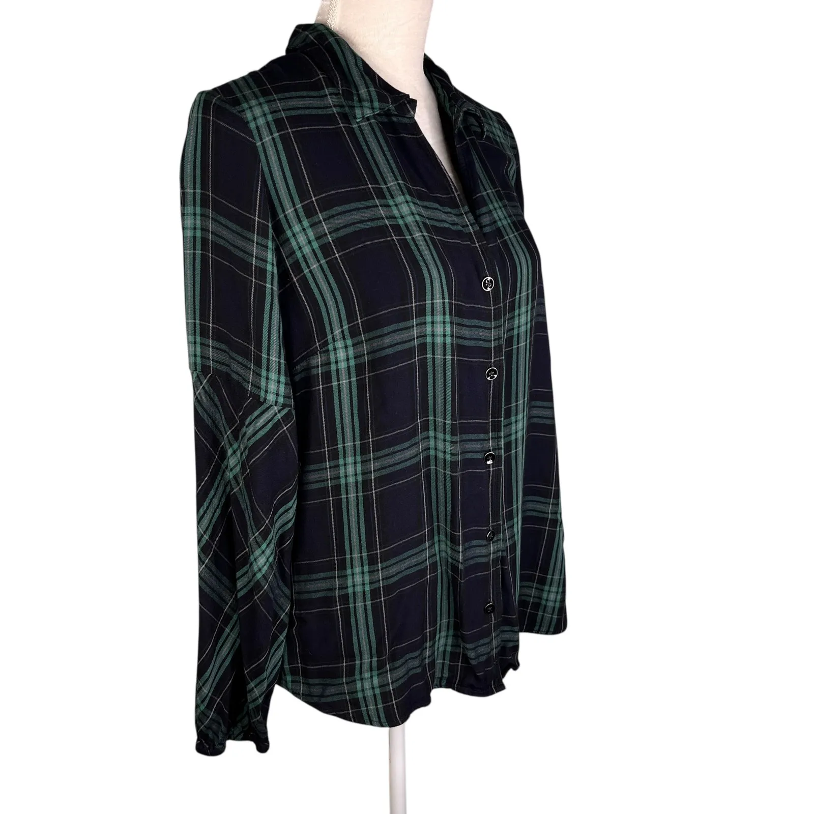 CAbi Big Sur Flannel Button Down Shirt Green Navy Plaid Large - Image 4