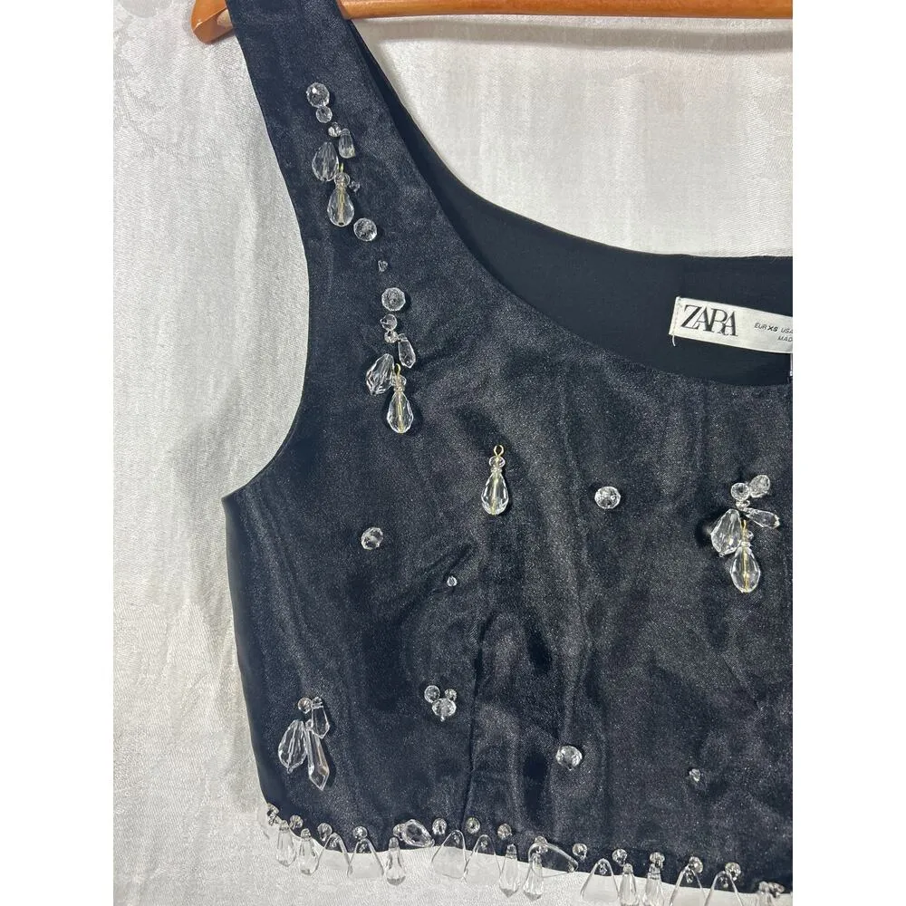 Zara Crop Top XS Black Satin Beaded Festival NEW - Image 2
