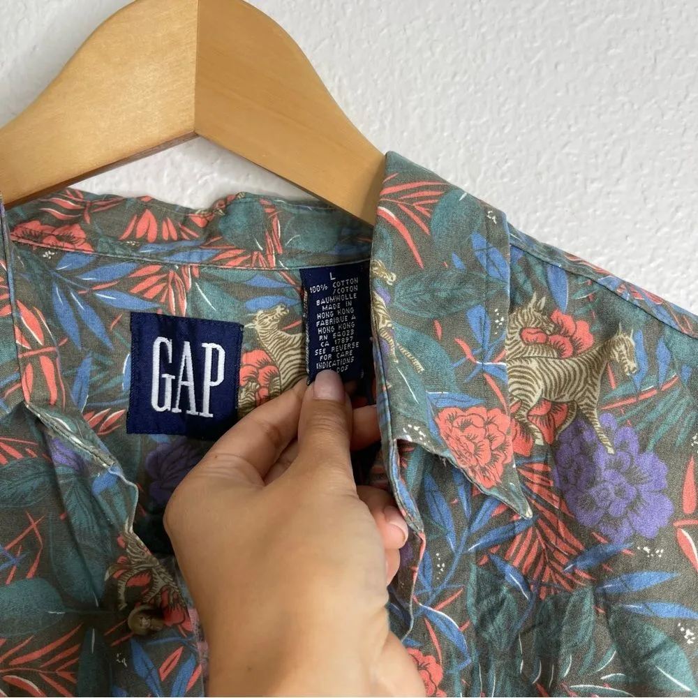 Vintage GAP Jungle Tropical Zebra Leaf Button Down‎ Shirt Size Large - Image 2