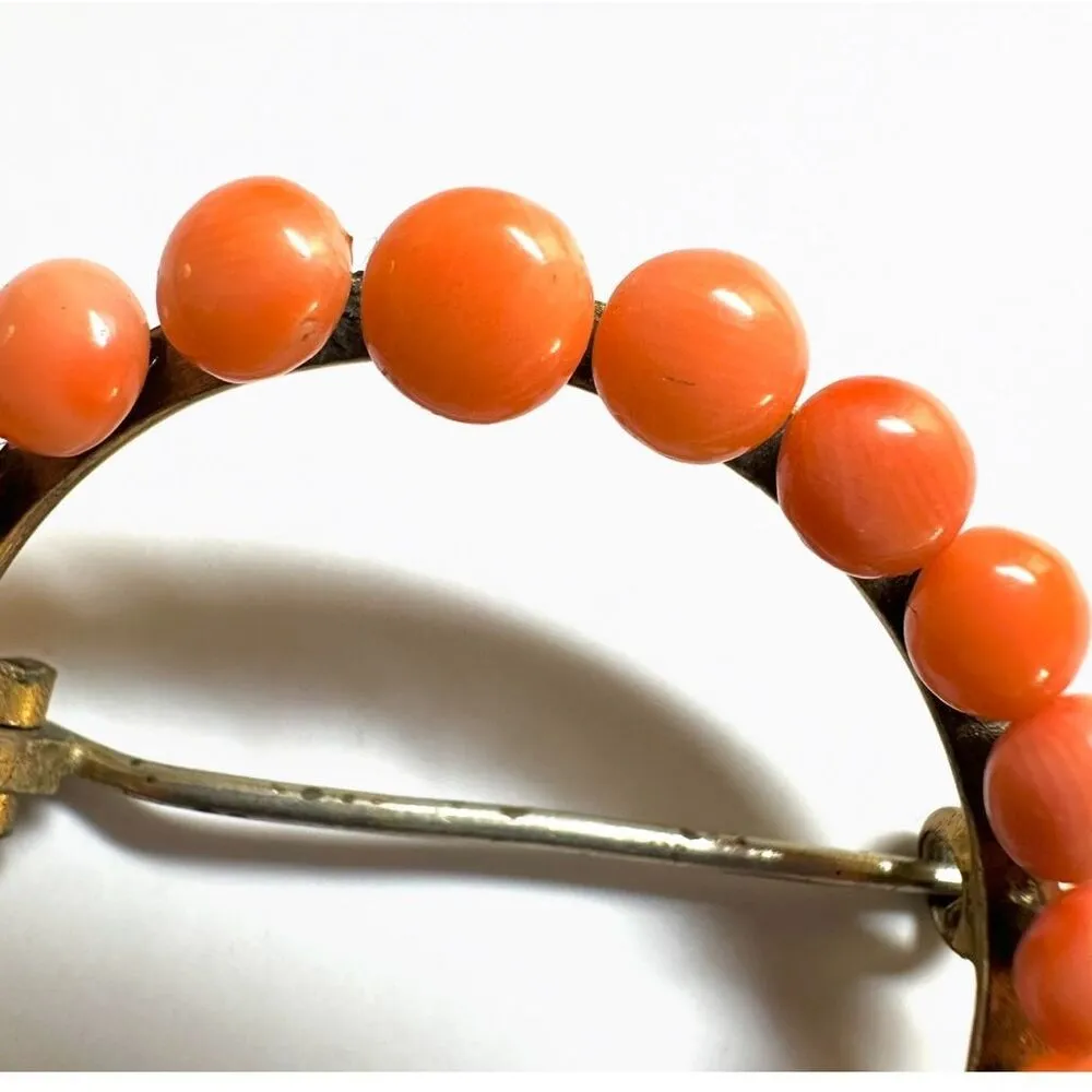 Antique Victorian Coral Crescent Brooch – Natural Salmon Coral Cabochons Orange - Image 2