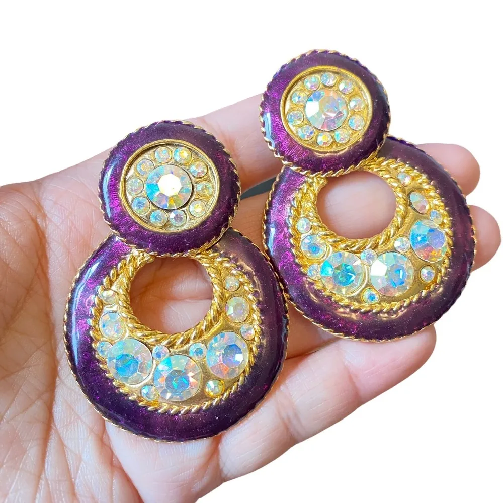 Vtg Runway 80 Deco Signed MODE Gold Purple Crystal Rhinestone Earrings Old Money - Image 7