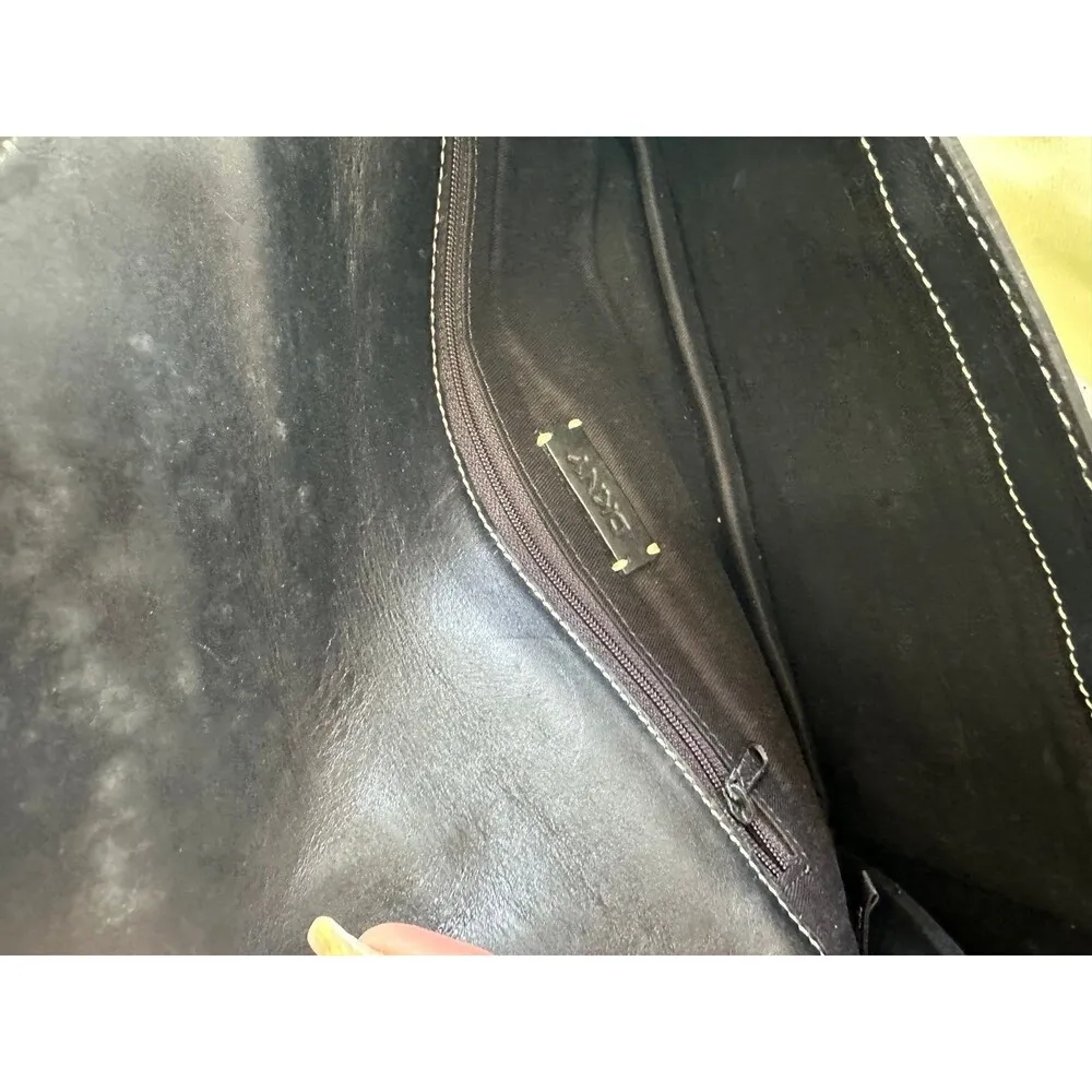 DKNY Genuine Black Leather Silver Tone Oval Metal Accent Sleek Clutch Bag - Image 5