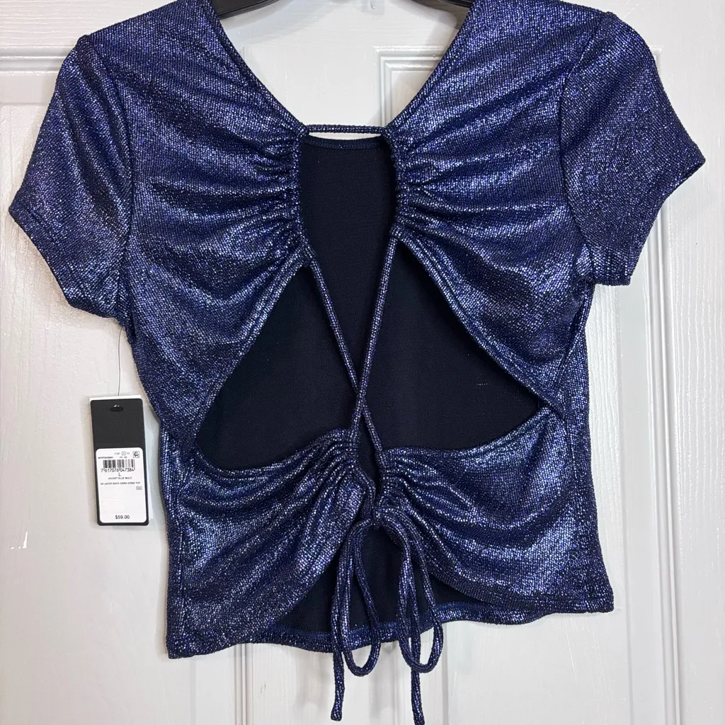 Guess Laced Back Sidra Shine Top NWT Blue Open Back Glitter Crop top Large - Image 8