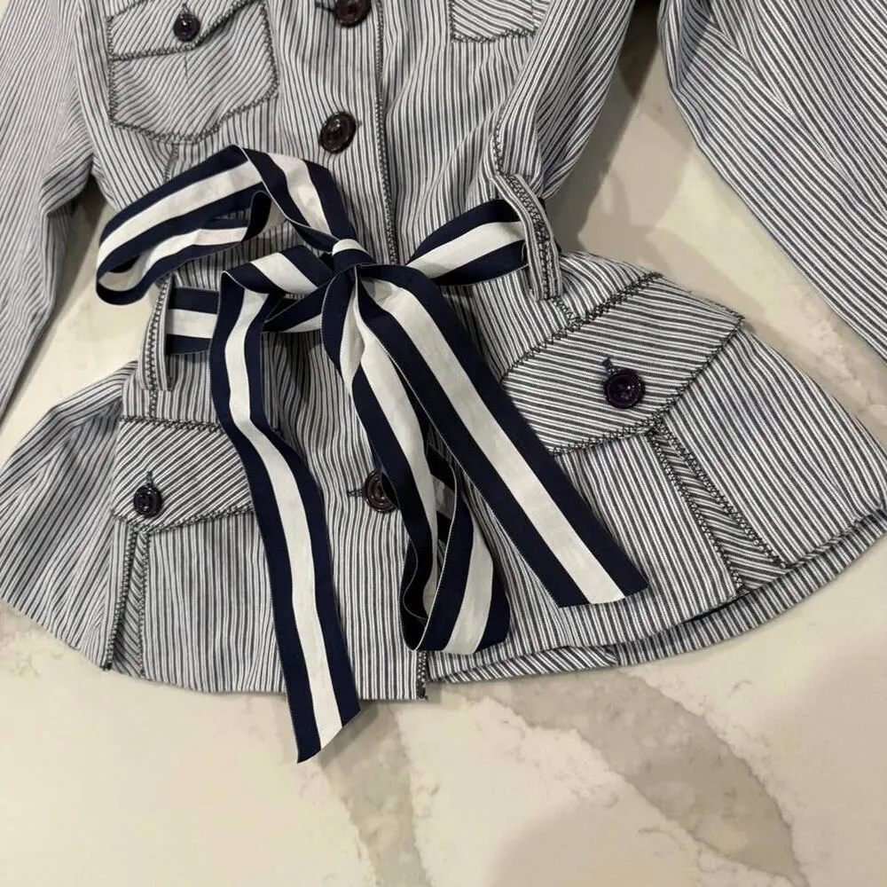 Vintage JW Div. Of Junction West Belted Button Front Seersucker Jacket Womens L Blue Size L - Image 5